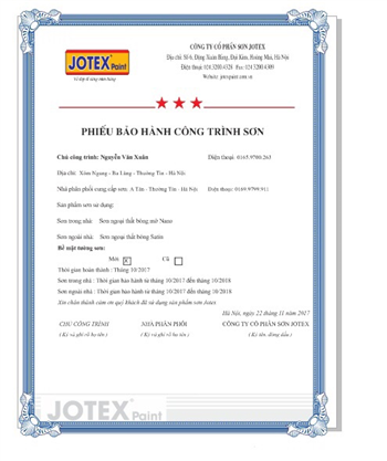 Phiếu bảo hành sơn Jotex